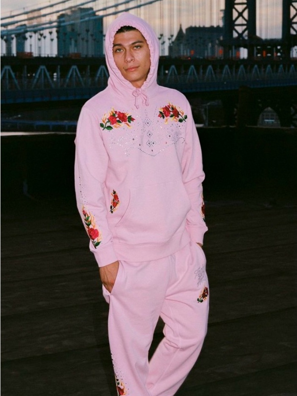 Teddy Fresh Pink Rhinestone Cowboy Collection Floral Embroidered Sweatpants